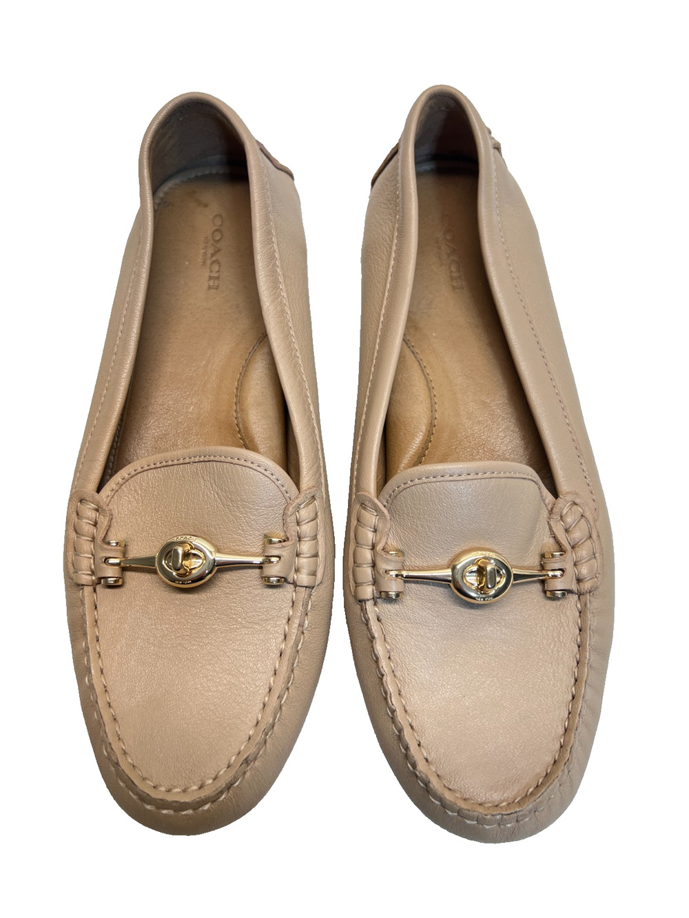Coach Womens Loafers Arlene Pebbled Leather Turnlock Design Flats Beige Sz 9.5B